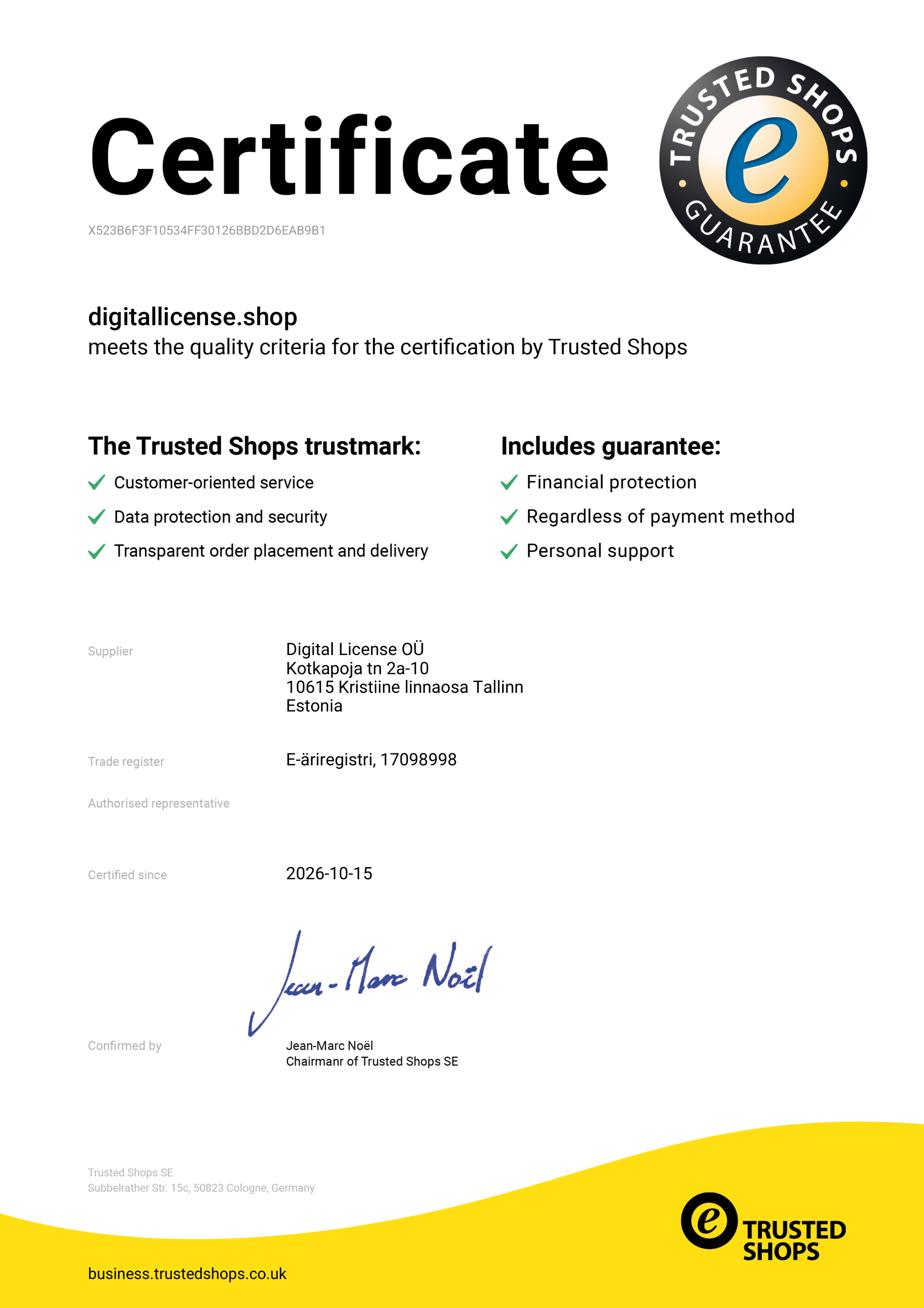Trusted Shops certificate for Digital License OÜ — dl-demo-shop.synapseteam.agency