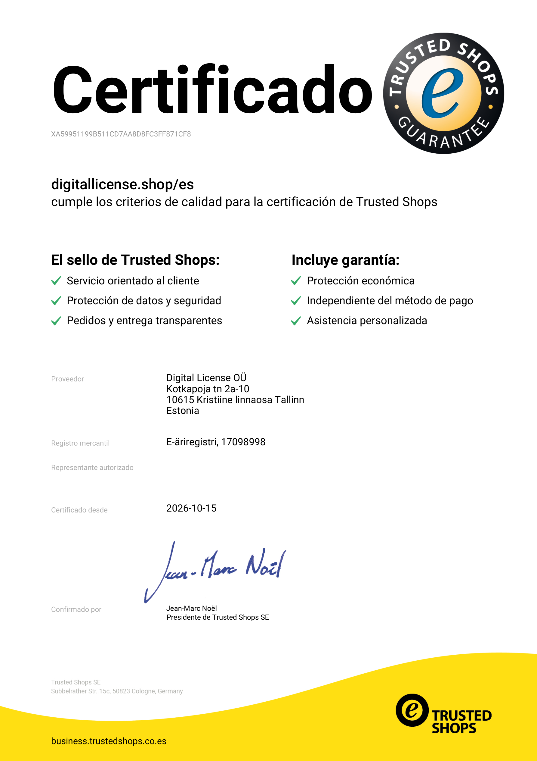 Certificado Trusted Shops de Digital License OÜ — dl-demo-shop.synapseteam.agency/es