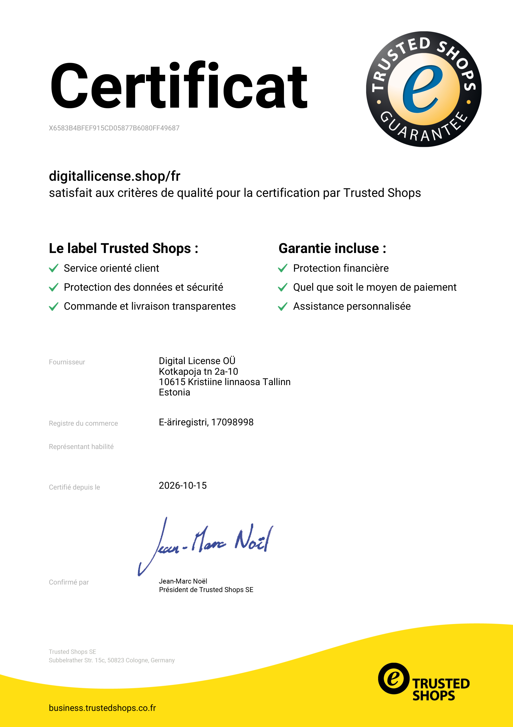 Certificat Trusted Shops de Digital License OÜ — dl-demo-shop.synapseteam.agency/fr