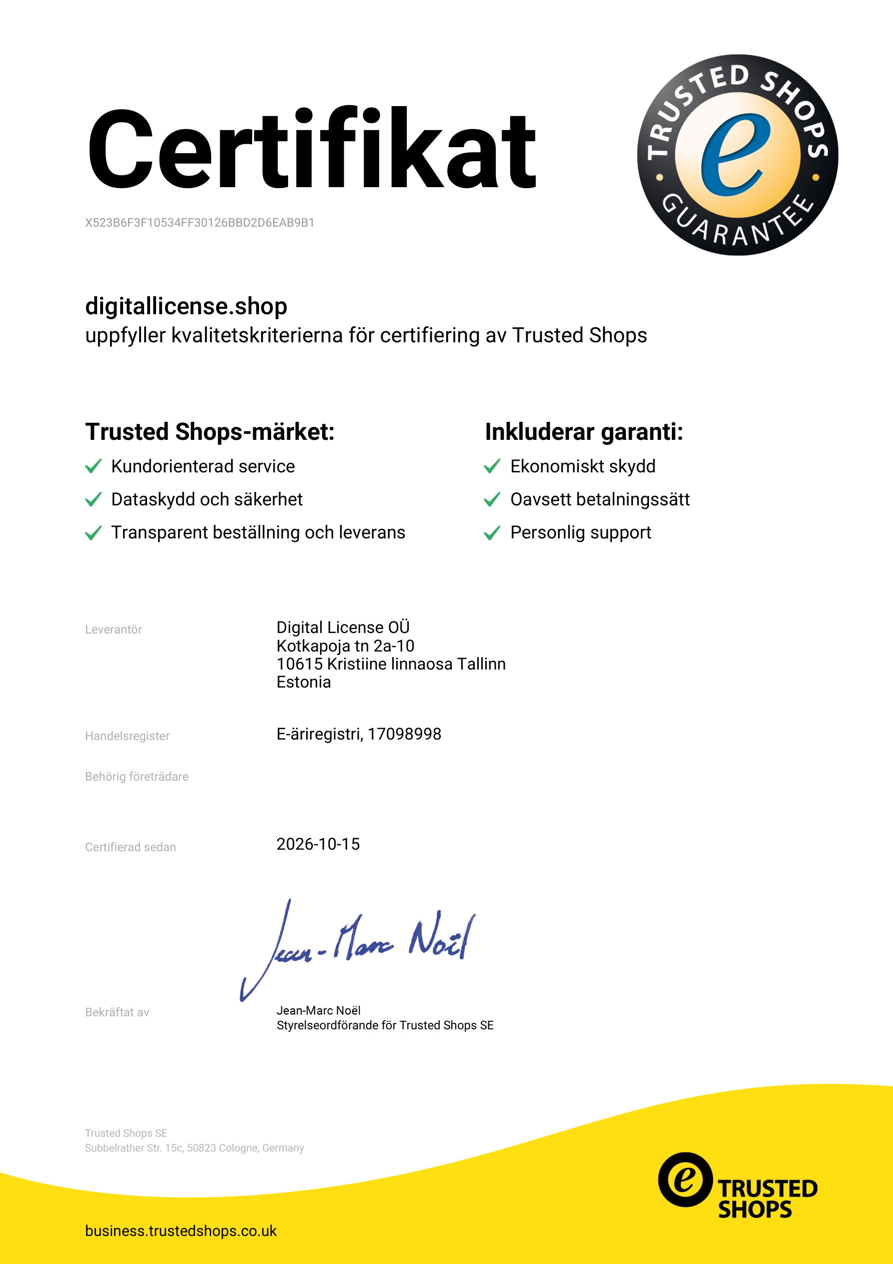 Trusted Shops-certifikat för Digital License OÜ — dl-demo-shop.synapseteam.agency